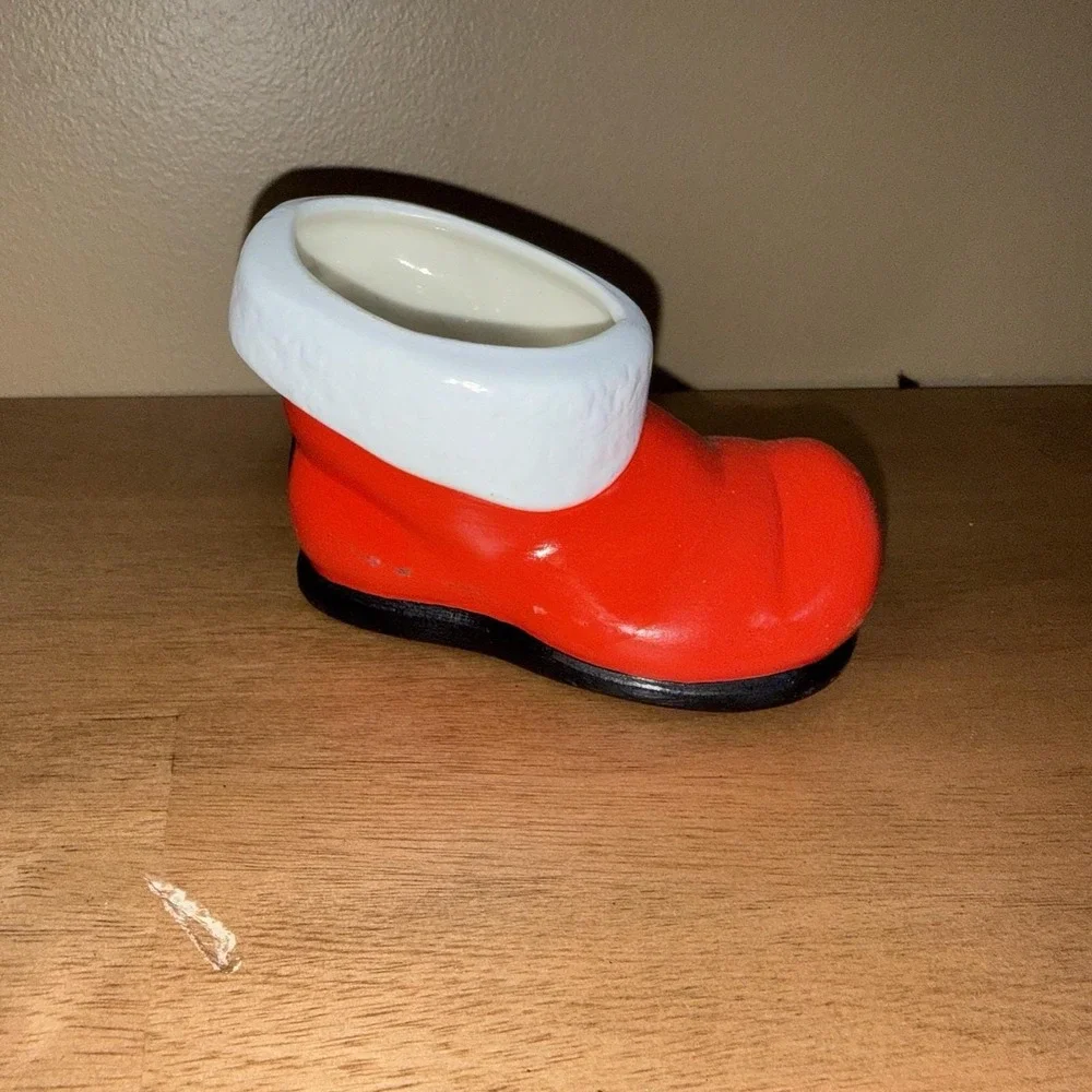 Vintage Ceramic Santa Boot Planter Christmas Candy Dish Red White Holiday Decor